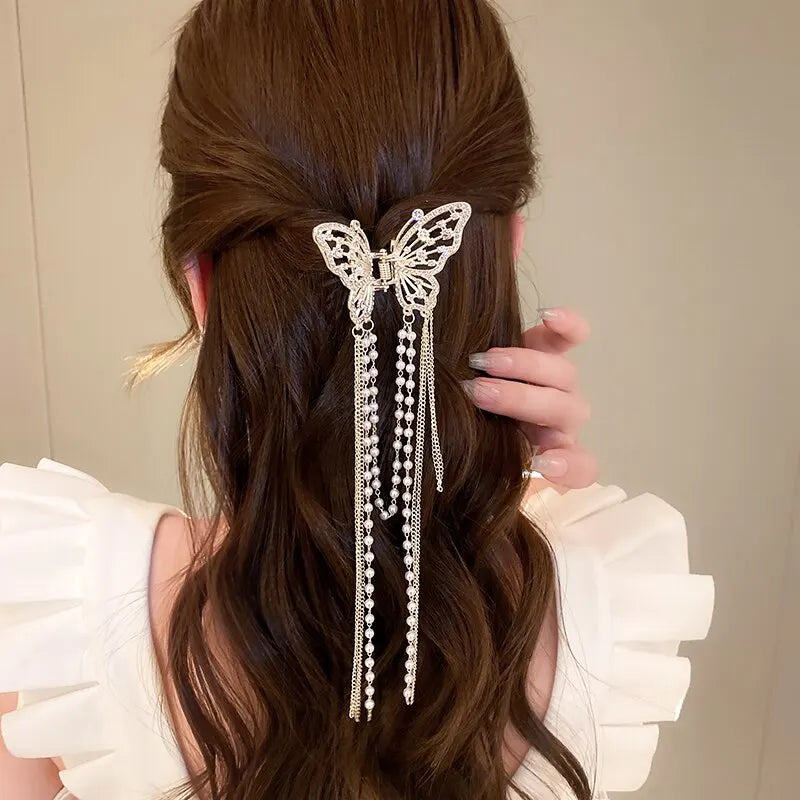Butterfly Hair Clip With Long Tassel And Imitation Pearl Rhinestone For Elegant Women's Hair Accessories