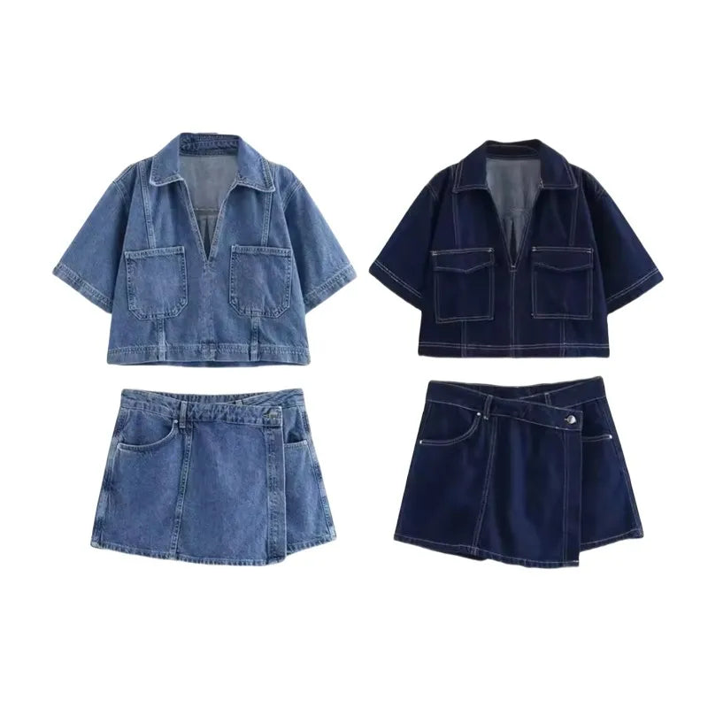 Sexy V Neck Loose Fit Short Denim Top with Asymmetrical Culottes Two Piece Denim Suit for Women