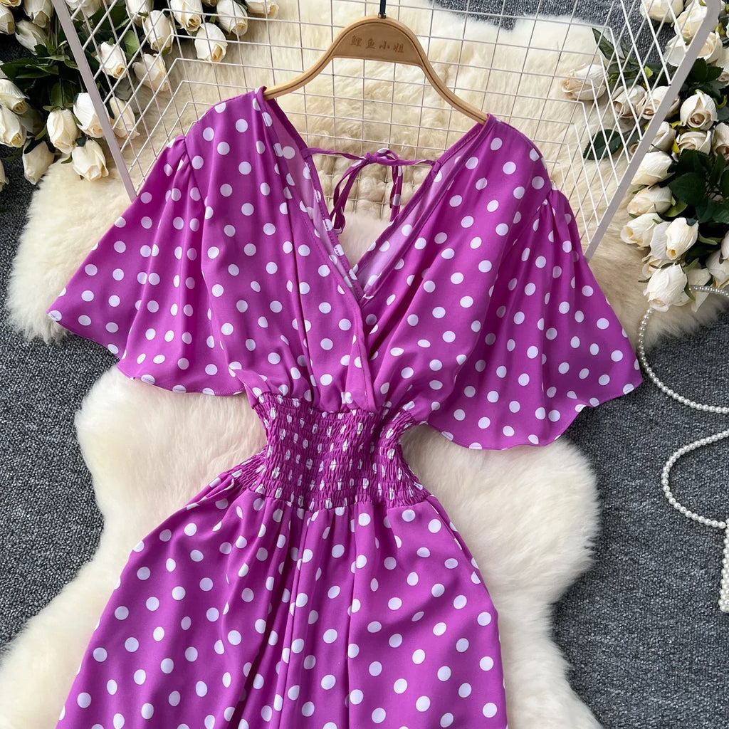 Elegant Polka Dot Romper for Women V-Neck Short Sleeve High Waist Wide Leg Jumpsuit Loose Fit Summer Playsuit