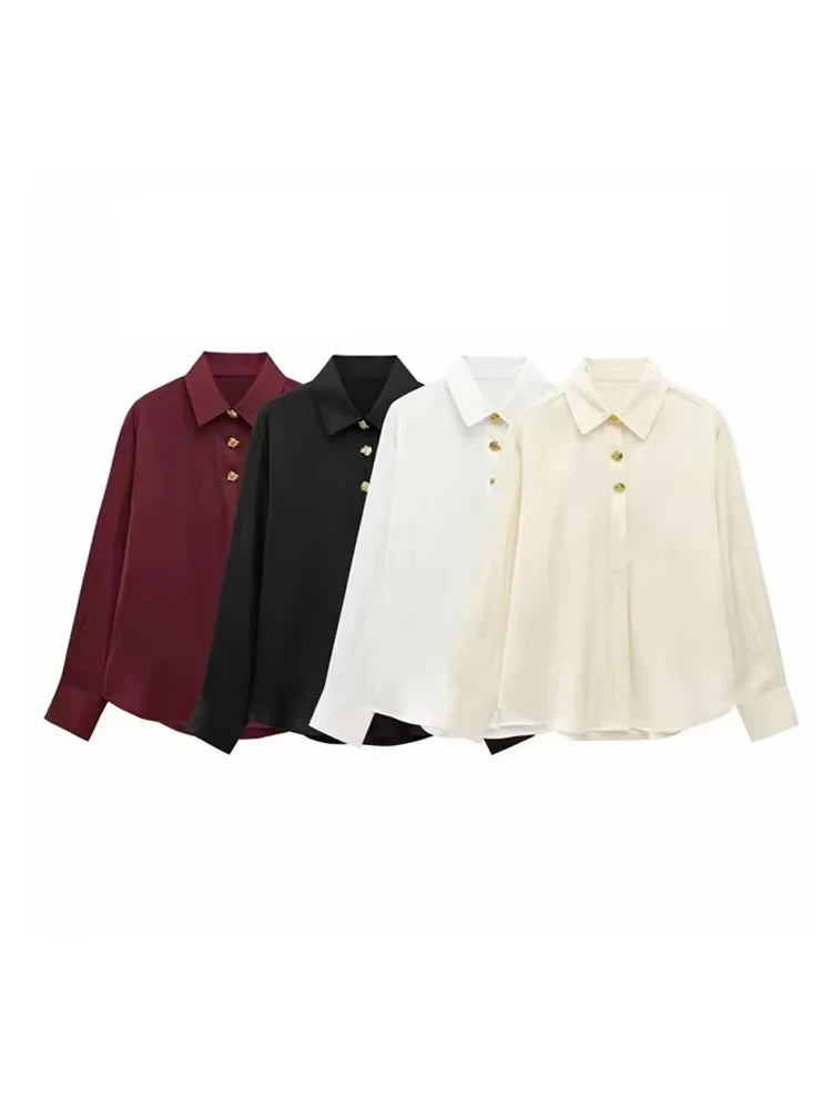 Long Sleeve Lapel Collar Blouse for Women with Fashion Gold Buttons Chic Elegant Office Shirt