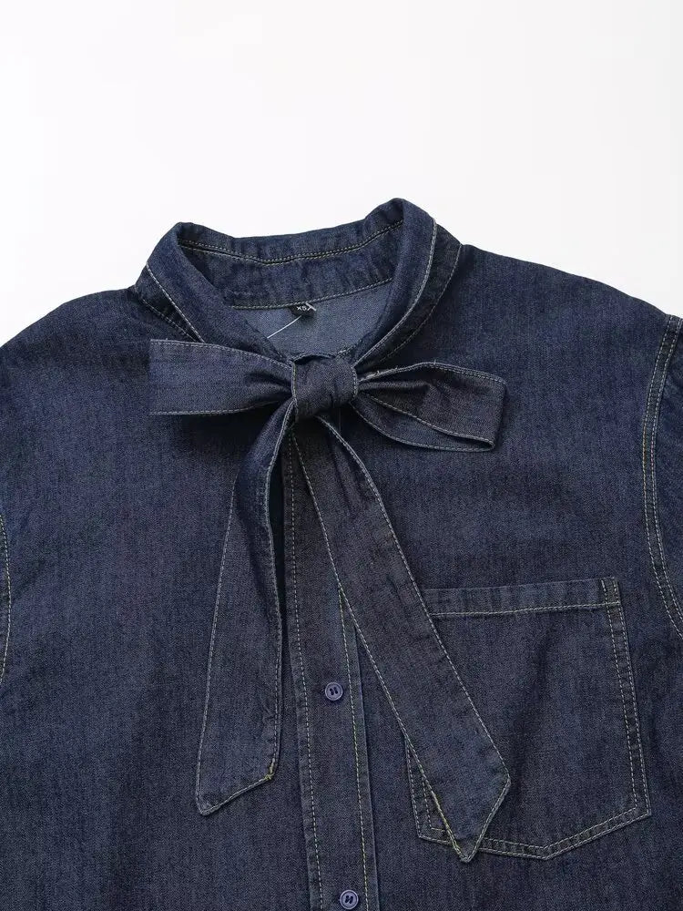 Women's Retro Long Sleeve Denim Shirt with French Bow Lapel Single Breasted Pocket Casual Cardigan for Fall and Winter Fashion