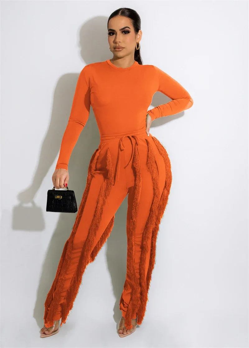 Elegant 2 Piece Women's Outfit Long Sleeve Bodysuit Top and Tassel Pants Set for Autumn Winter