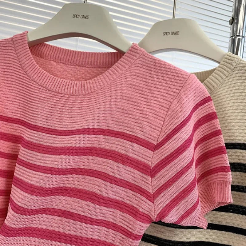 Summer Knit Bodycon Dress O Neck Short Sleeve Stripe Print