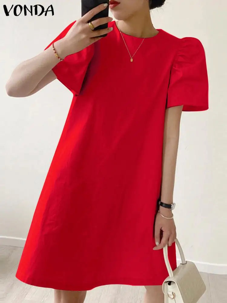 Summer Women Sundress Mini Pleated Puff Sleeve Dress