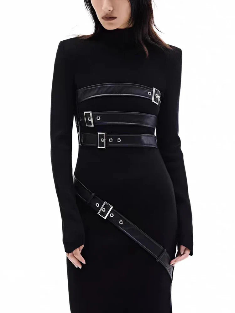 Spliced Belt A Line Dress For Women Stand Collar Sleeve