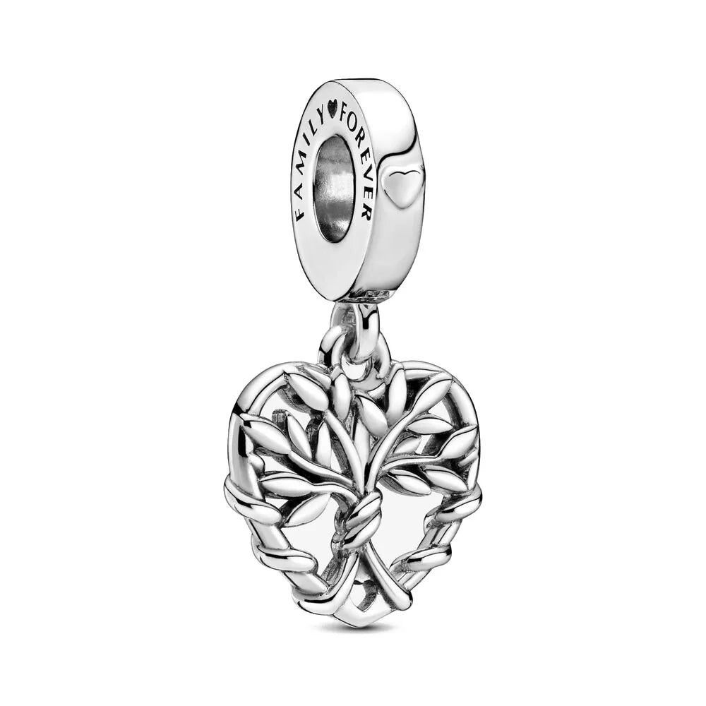 925 Sterling Silver Family Tree Heart Pendant Beads for DIY Bracelets