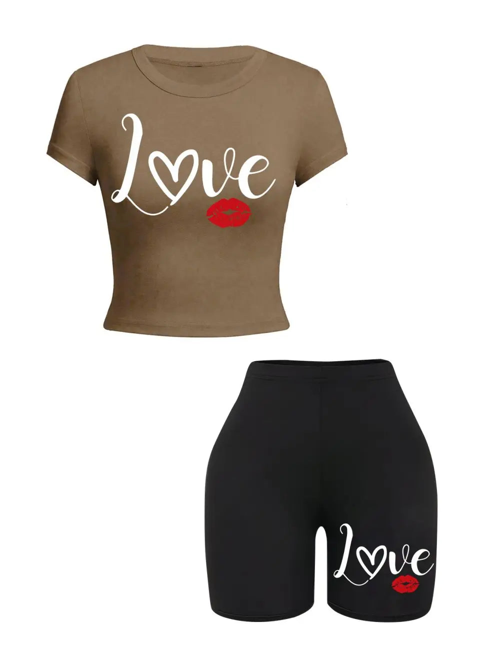 Casual Womens Two-Piece Crop Top and Shorts Set with Love Lip Pattern Letter Print Soft Slim Fit O-Neck T-Shirt and High Elastic Shorts