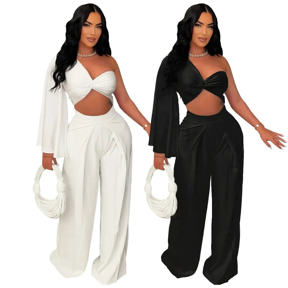 Women's Ruched One Shoulder Sleeve Crop Top and Wide Leg Pants Two Piece Set Outfit