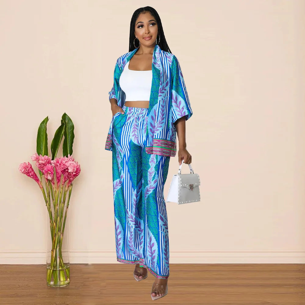 Women's Imitation Silk Printed Two Piece Set with Lace-Up Long Sleeve Top and Wide-Leg Pants for Casual Street Style