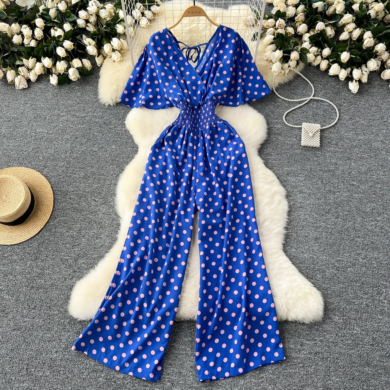 Polka Dot Romper Jumpsuit Women V Neck High Waist Wide Leg