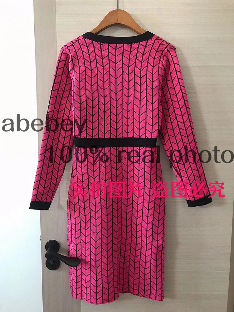Autumn Plaid Knit Dress Women V Neck Elastic Waist Midi