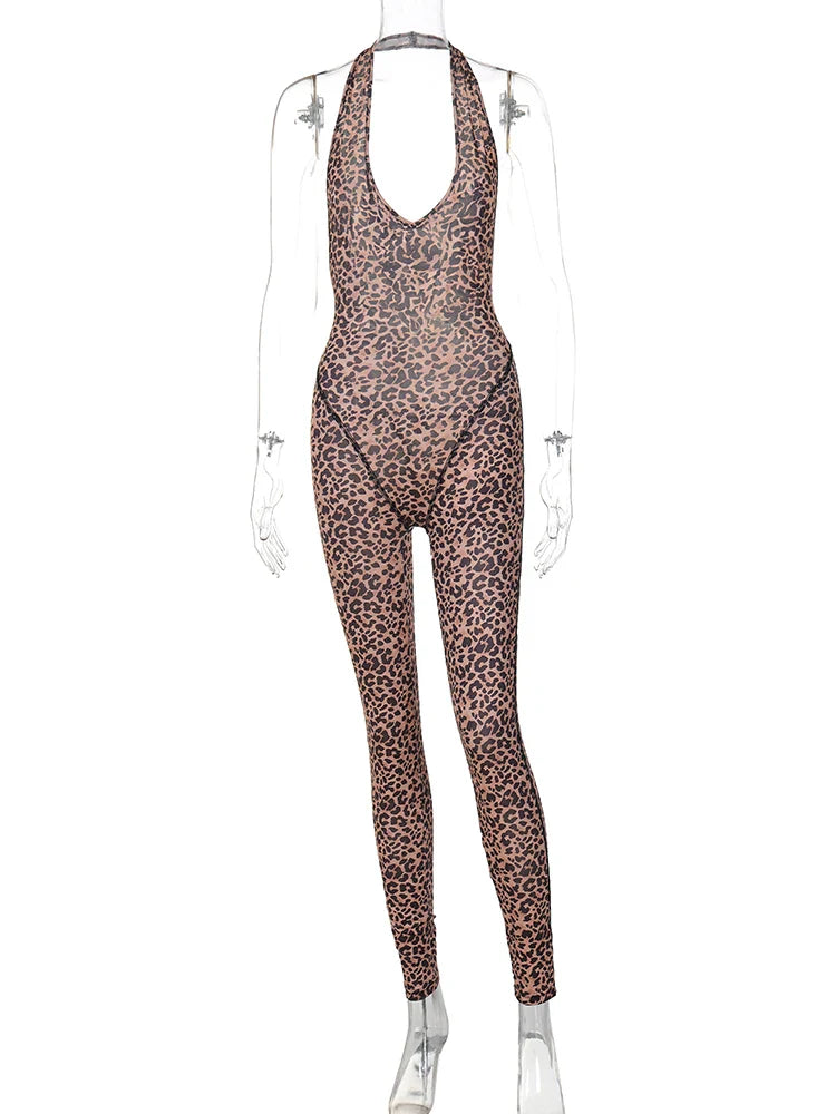 Leopard Print Halter Backless Slip Sexy Bodycon Jumpsuit Casual Streetwear Festival Romper for Women