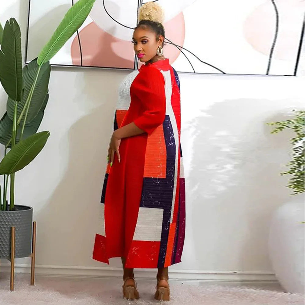 Leaf Print Pleated Boho Maxi Dress for Women Casual Beach