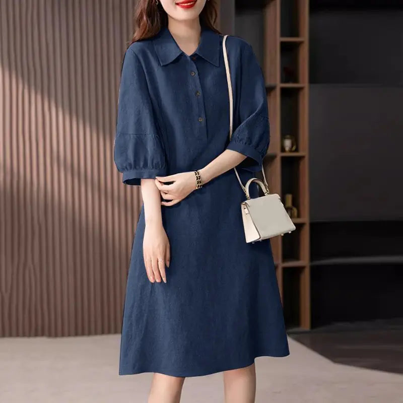 Women Cotton Shirt Dress Midi Three Quarter Sleeve Elegant