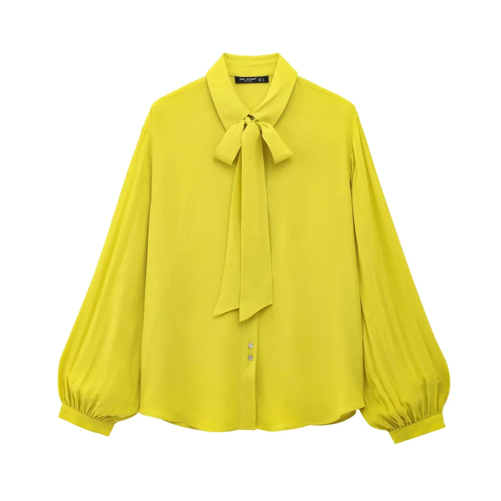 Yellow Chiffon Loose Fit Long Sleeve Shirt for Women with Bow Tie and Button Detail Casual Office Blouse