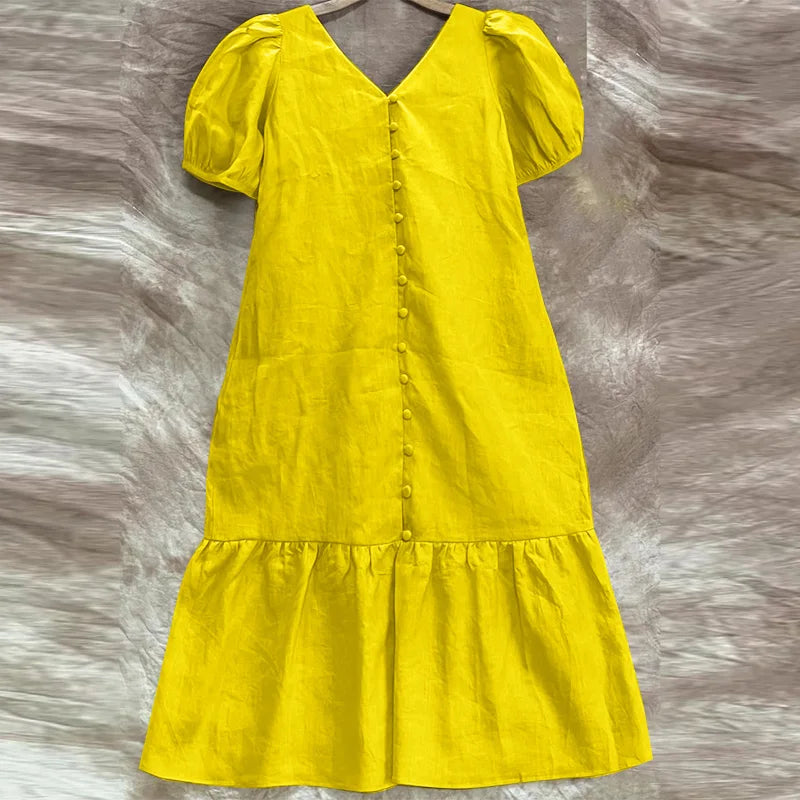 V Neck Puff Sleeve Midi Dress Solid Color Casual Wear