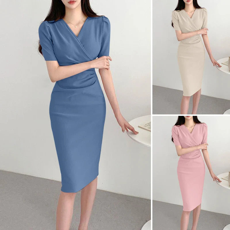 Elegant Women Office Dress V Neck Solid Color Short Sleeve
