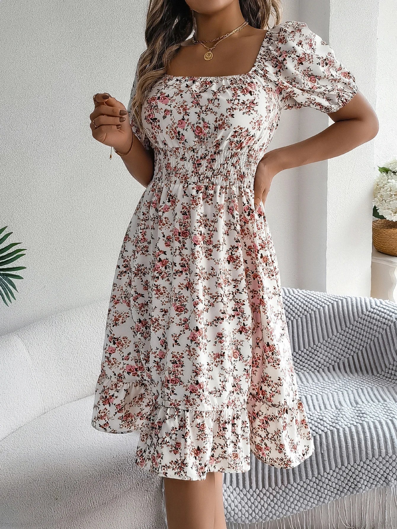 Floral Print Square Neck Dress With Shirred Waist Detail