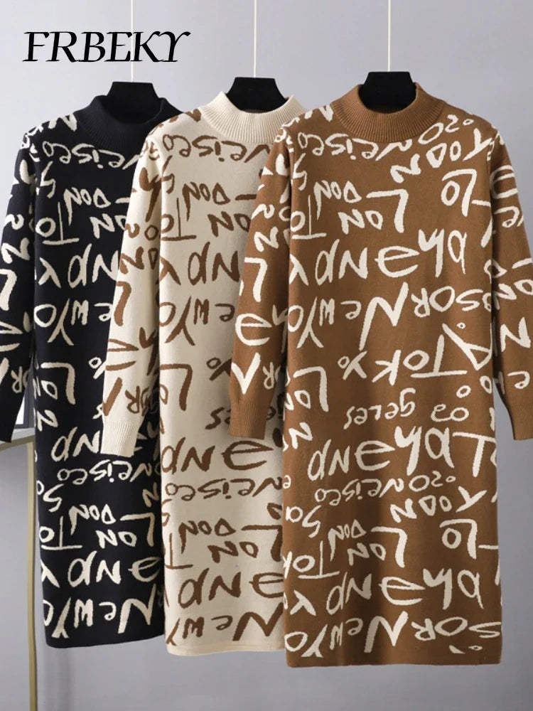 Vintage Knit Sweater Dress With Graffiti Letter Print