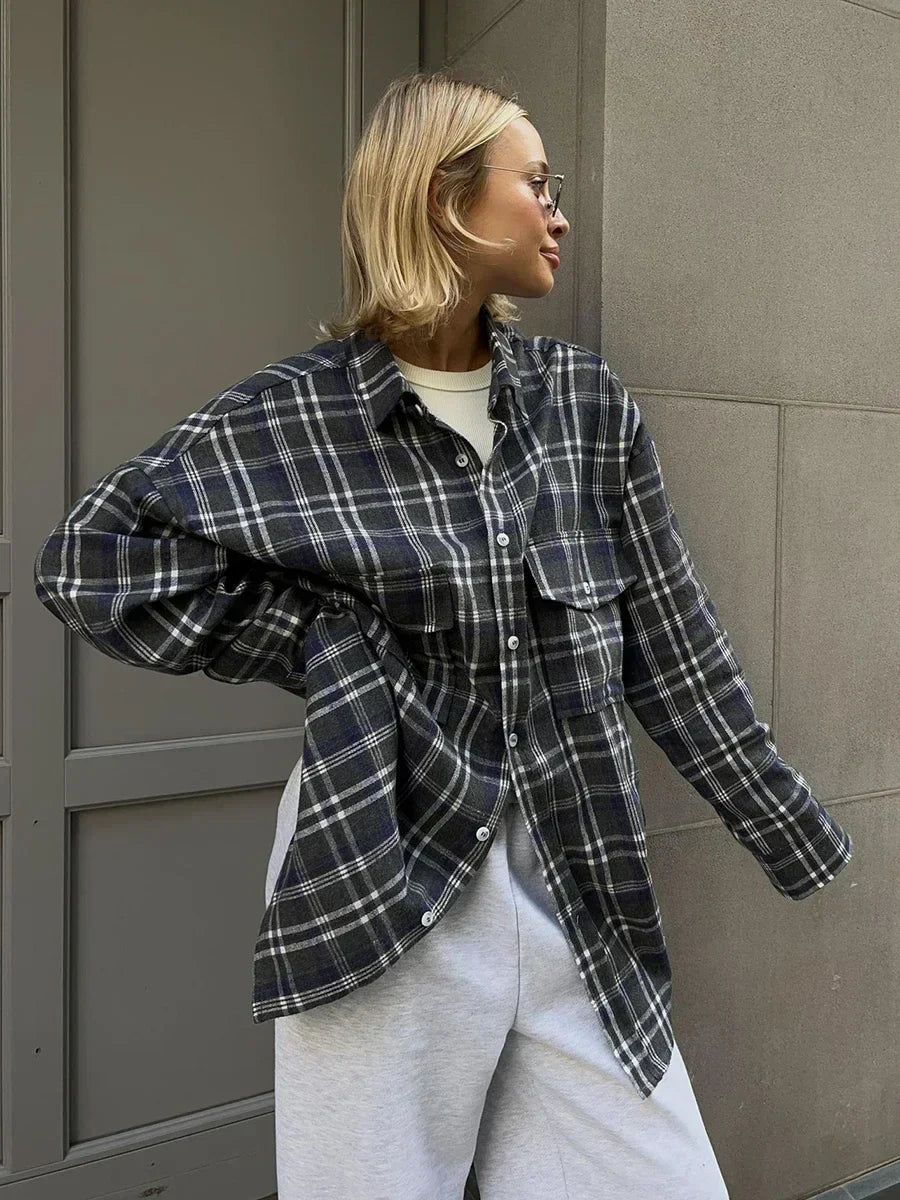 Vintage Loose Plaid Women's Shirt with Fashion Lapel Long Sleeve Office Blouse Top for Ladies