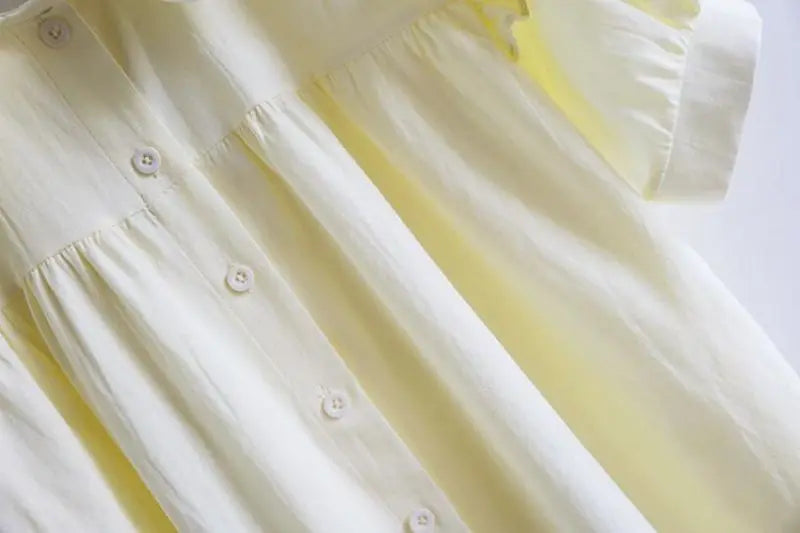 Blue Peter Pan Collar Single Breasted Short Sleeve Loose Fit Women's Blouse Shirt Lightweight Casual Top