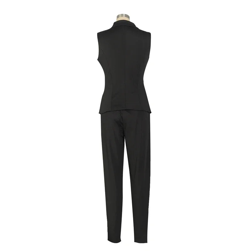 Elegant Women's Two Piece Pant Suit Set with Sleeveless Blazer and Pencil Pants for Office and Business Wear