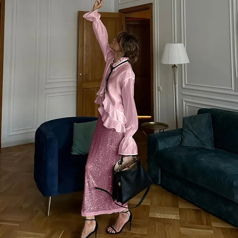 Sexy Loose White Women's Shirt With Ruffles Long Sleeve Sheer Elegant Blouse Stylish Transparent Top