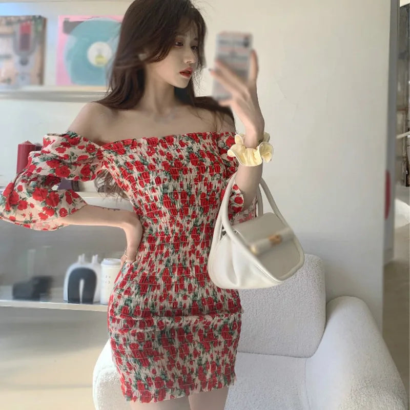 Womens Summer Floral Party Dress Square Neck Wrap Waist