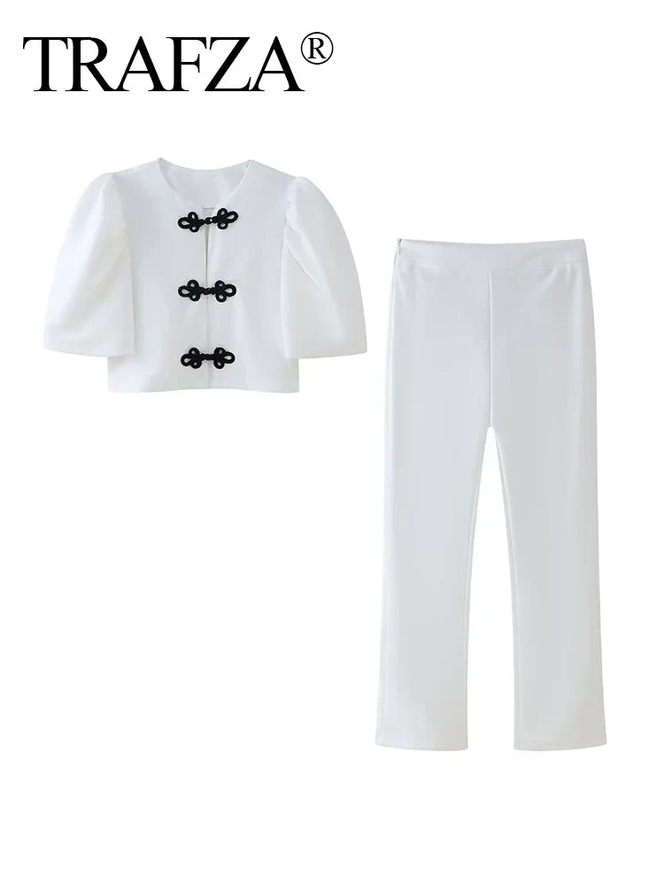 Women Summer Casual Pants Suit with Puff Sleeve Shirt and Elegant Long Pants Matching Set