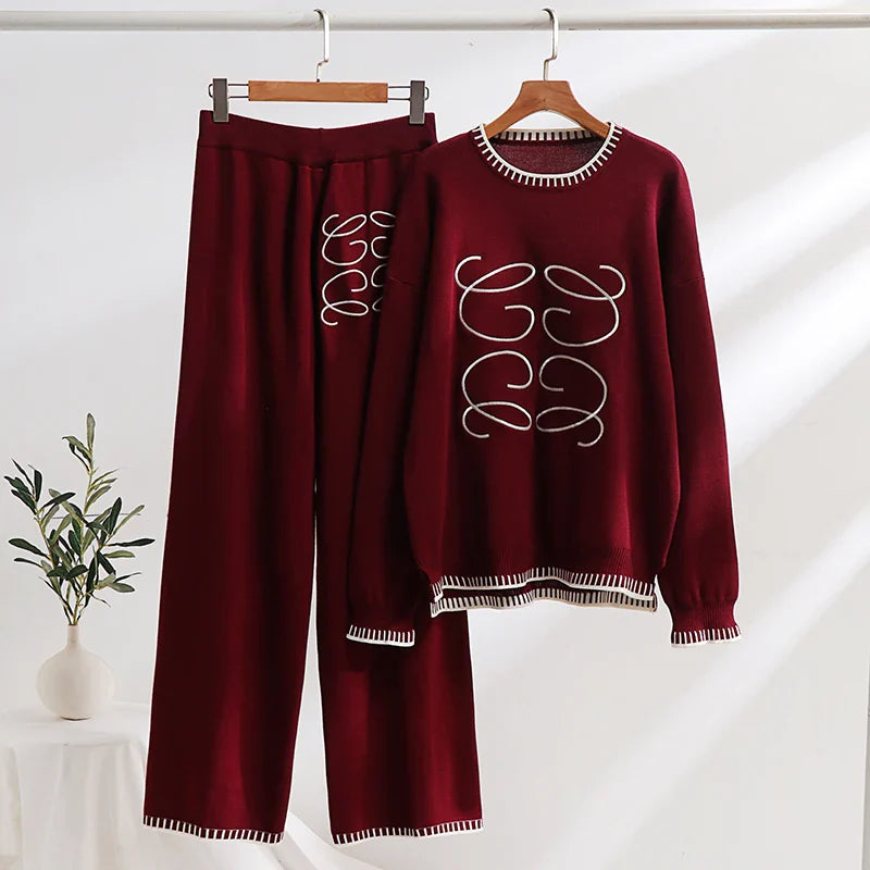 Cozy Thick Knitted Two Piece Tracksuit Set for Women Long Sleeve Sweatshirt and Pants Winter Loungewear