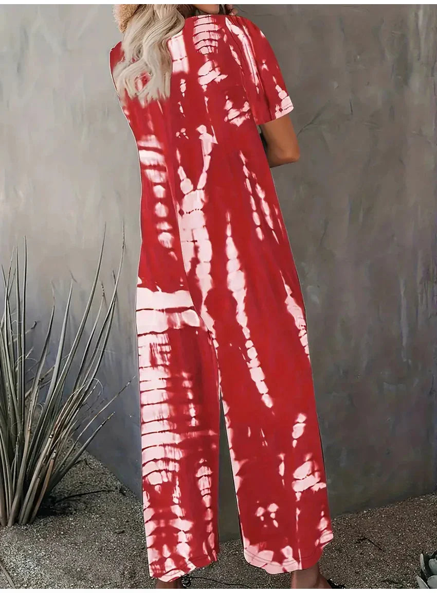 Plus Size Women Summer Jumpsuit Allover Print Wide Leg Short Sleeve Round Neck Relaxed Fit with Pockets Comfortable Casual Outfit