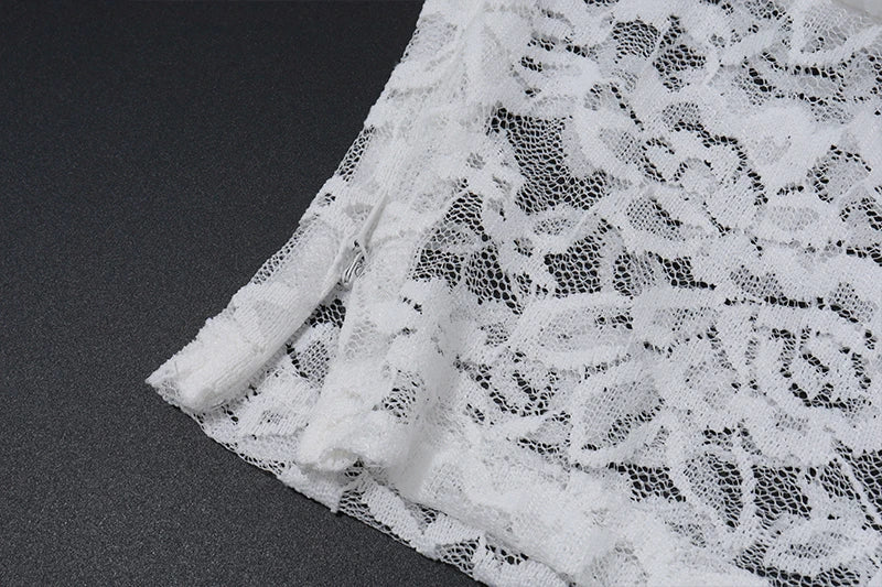 Elegant Y2K Lace See-Through Long Sleeve Crop Top with Ruched Slim Skinny Mini Skirt Two-Piece Set for Women