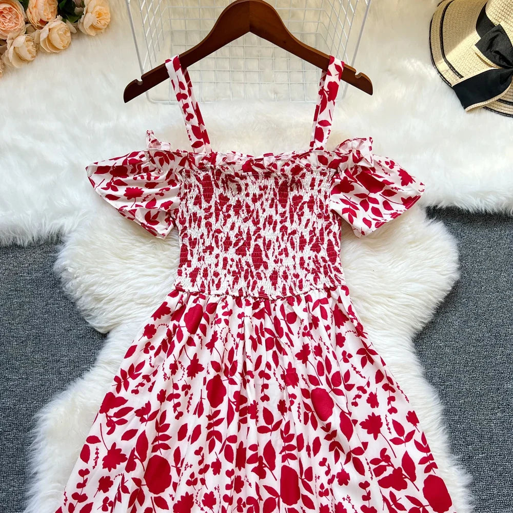 Floral Print Off Shoulder Summer Beach Dress For Women