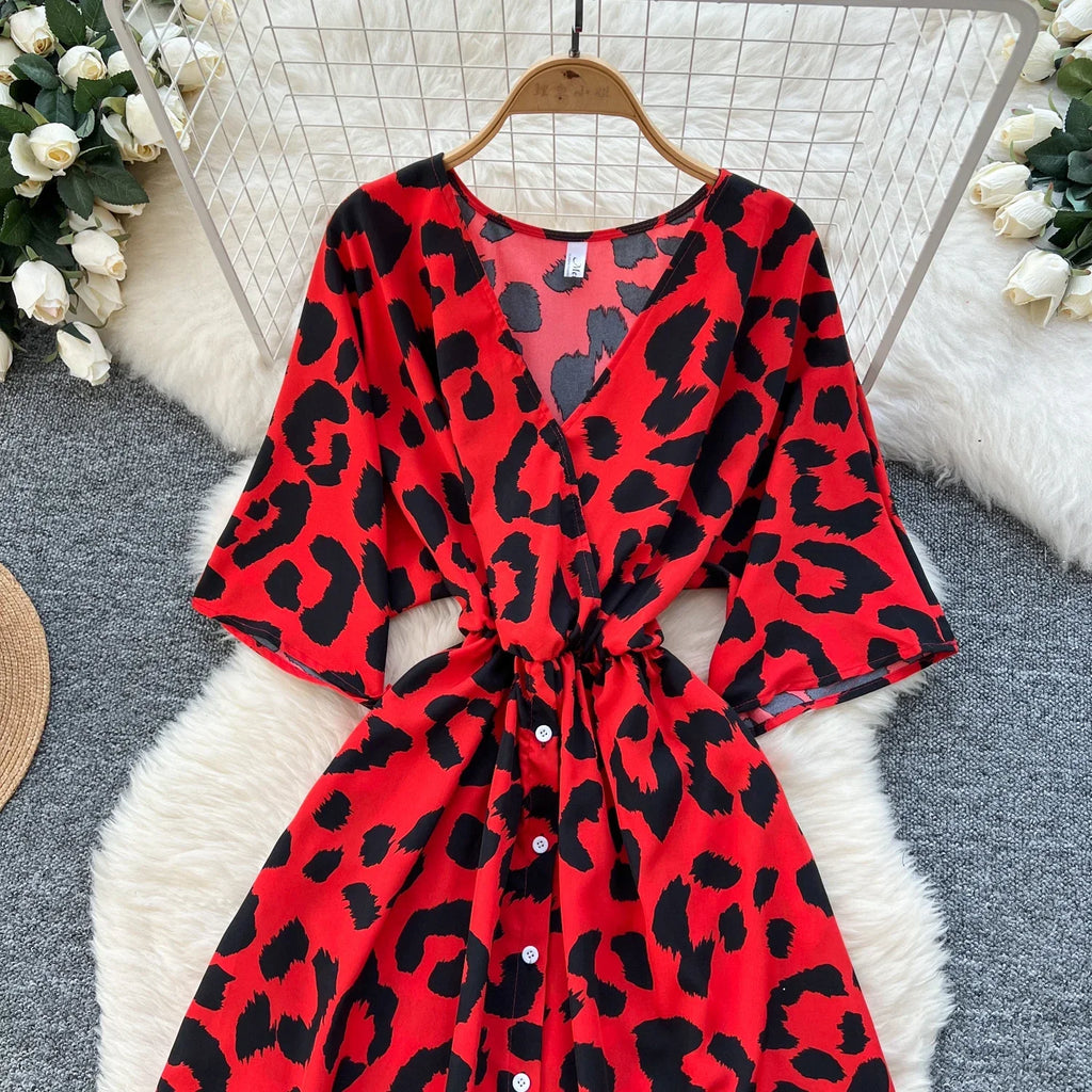 Ruched V Neck Office Dress Long Sleeve For Women Red