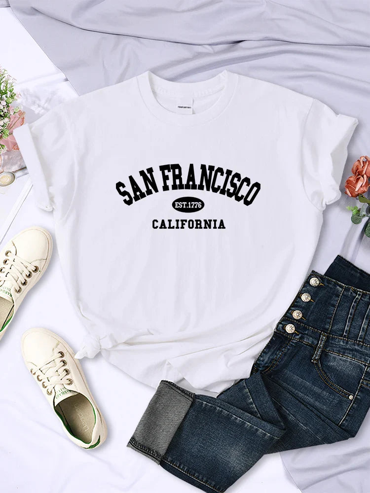 San Francisco California Letter Print Casual Women T-Shirt Short Sleeve Soft Breathable Tee
