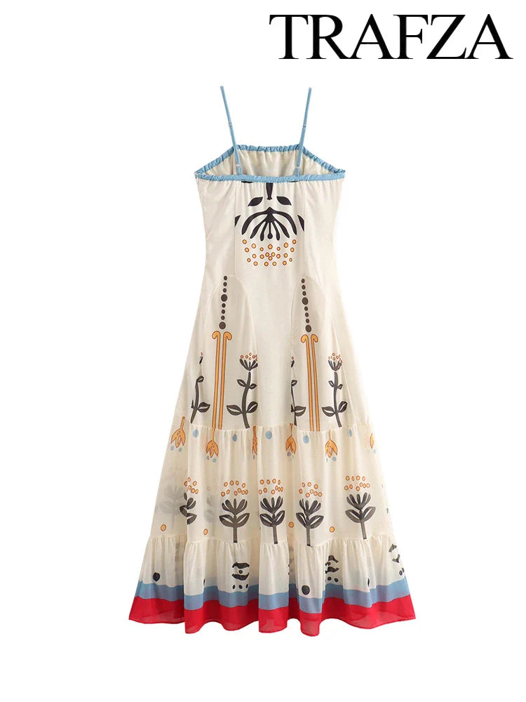 Boho Floral Print Halter Spaghetti Strap Backless Dress