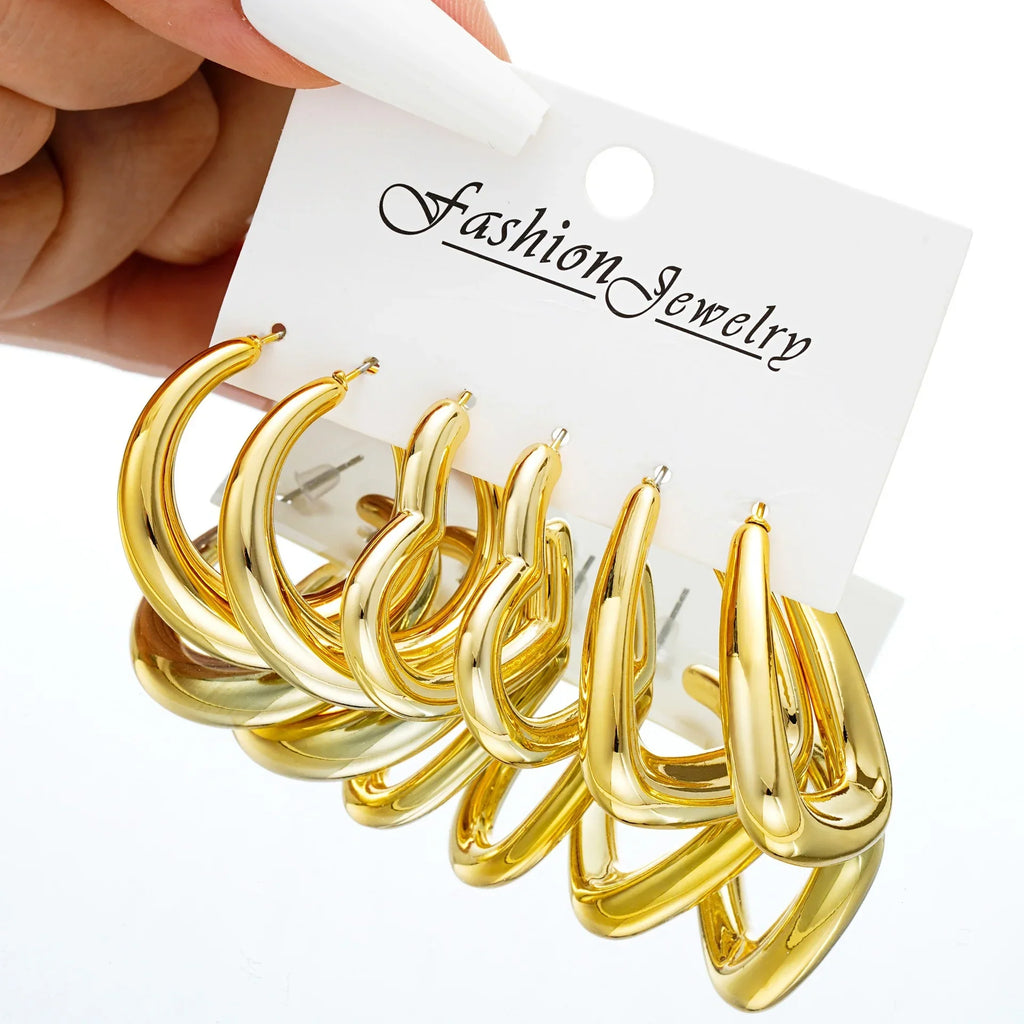 6pcs Chunky Gold Plated Waterdrop Hoop Earrings Set for Women Elegant Minimalist Circle Drop Jewelry