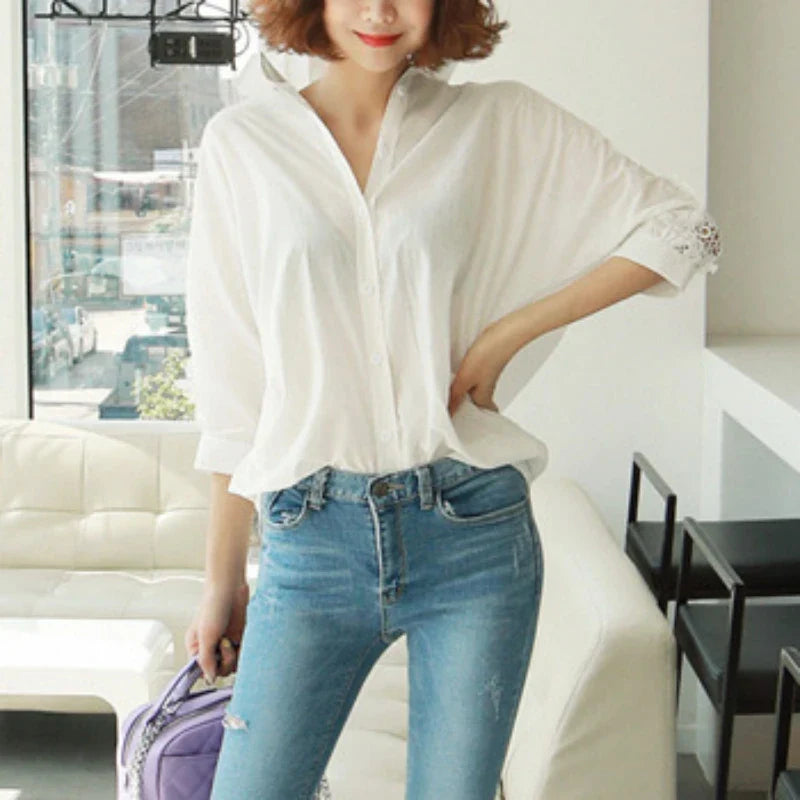 Sexy Hollow Out Lace Cotton Blouse for Women Elegant Backless Shirt Stylish Office Lady Top