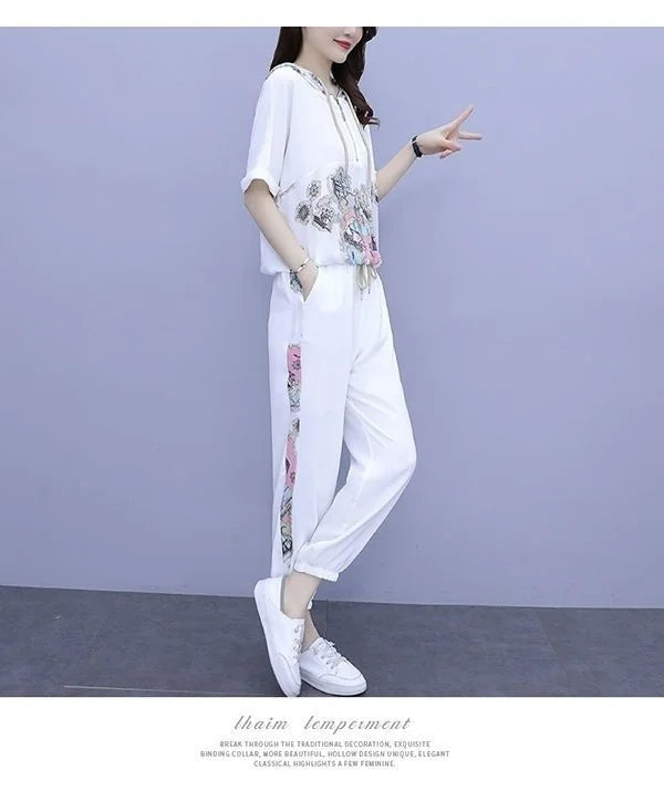 Women's Casual Two Piece Set with Hooded T-Shirt and Contrast Printed Pants for Spring and Summer Fashion