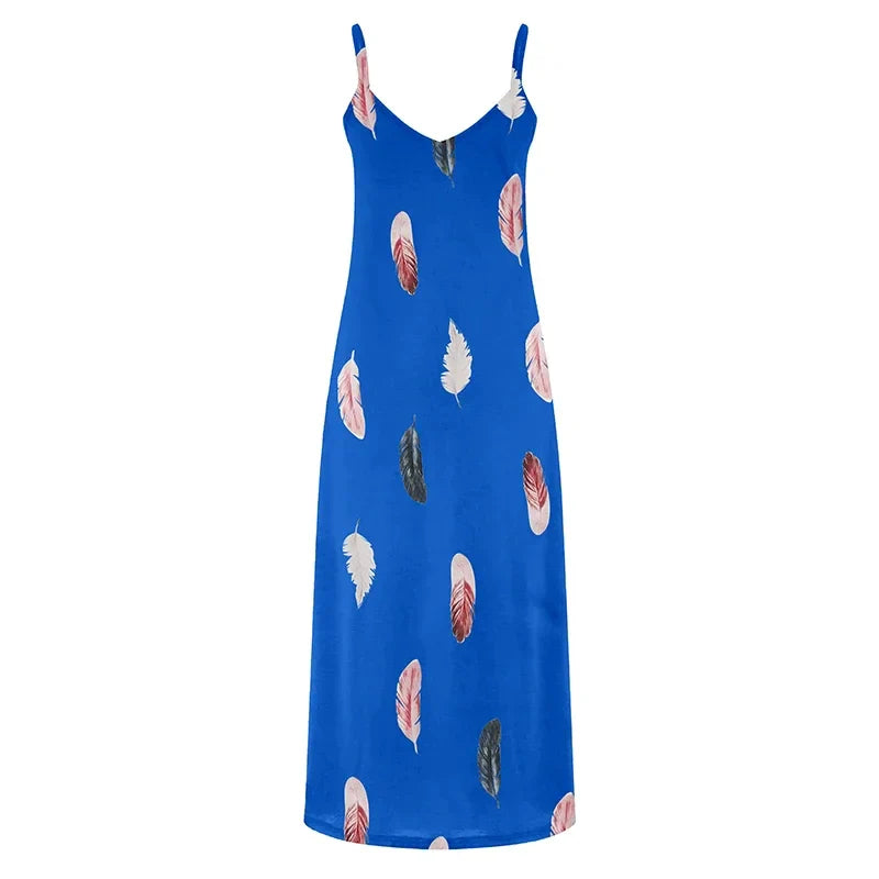 Feather Print Maxi Dress V Neck All Season Comfort Stretch