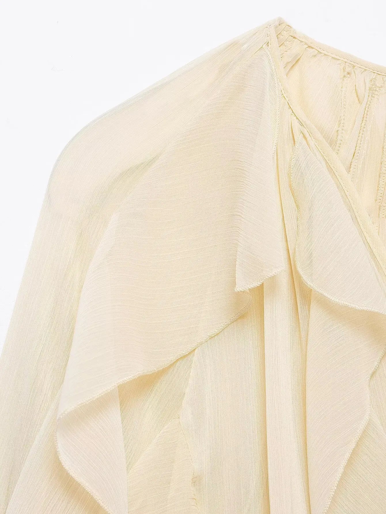 Semi-Sheer Ruffle V-Neck Blouse for Women Long Sleeve Button-Up Lightweight Spring Summer Top