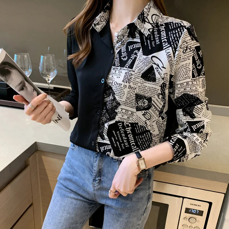 Womens Long Sleeve Contrast Letter Print Shirt Turn-Down Collar Button Up Blouse Lightweight Spring Summer Fashion Top