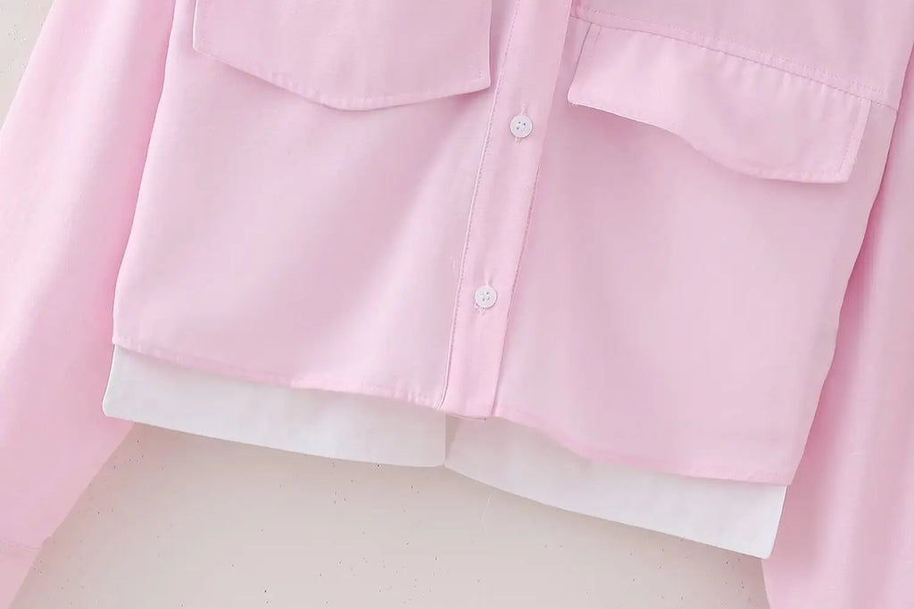 Elegant Patchwork Blouse for Women Long Sleeve Single Breasted Lapel Shirt Chic Short Top