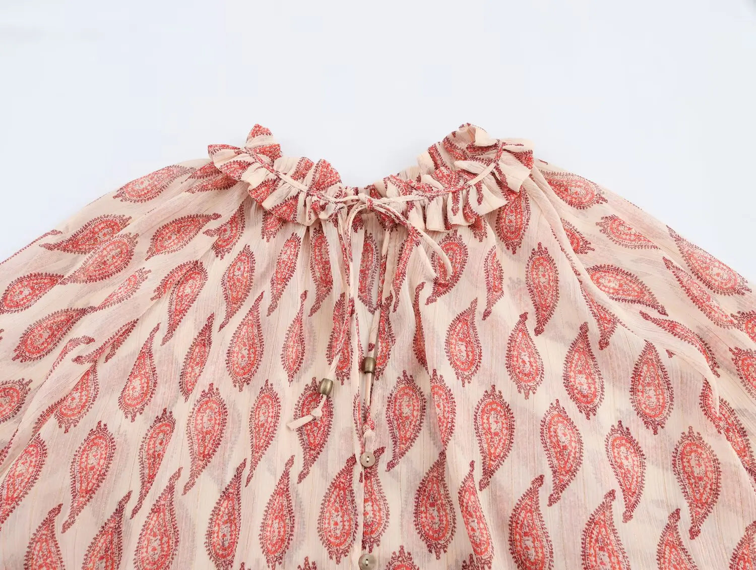 Womens Printed Shirt with Metallic Thread Ruffle Collar Drawstring Long Sleeve Single Breasted Chic Top