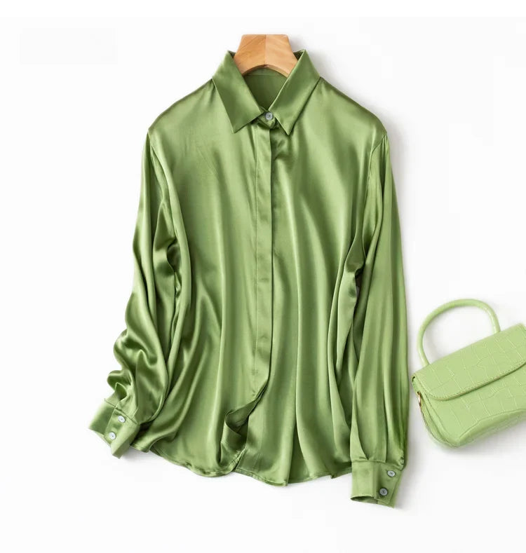 Women Satin Silk Shirt 93% Mulberry Silk 7% Spandex 19 Momme Classic Long Sleeve Blouse Solid Color Office Top for Women M L XL XXL