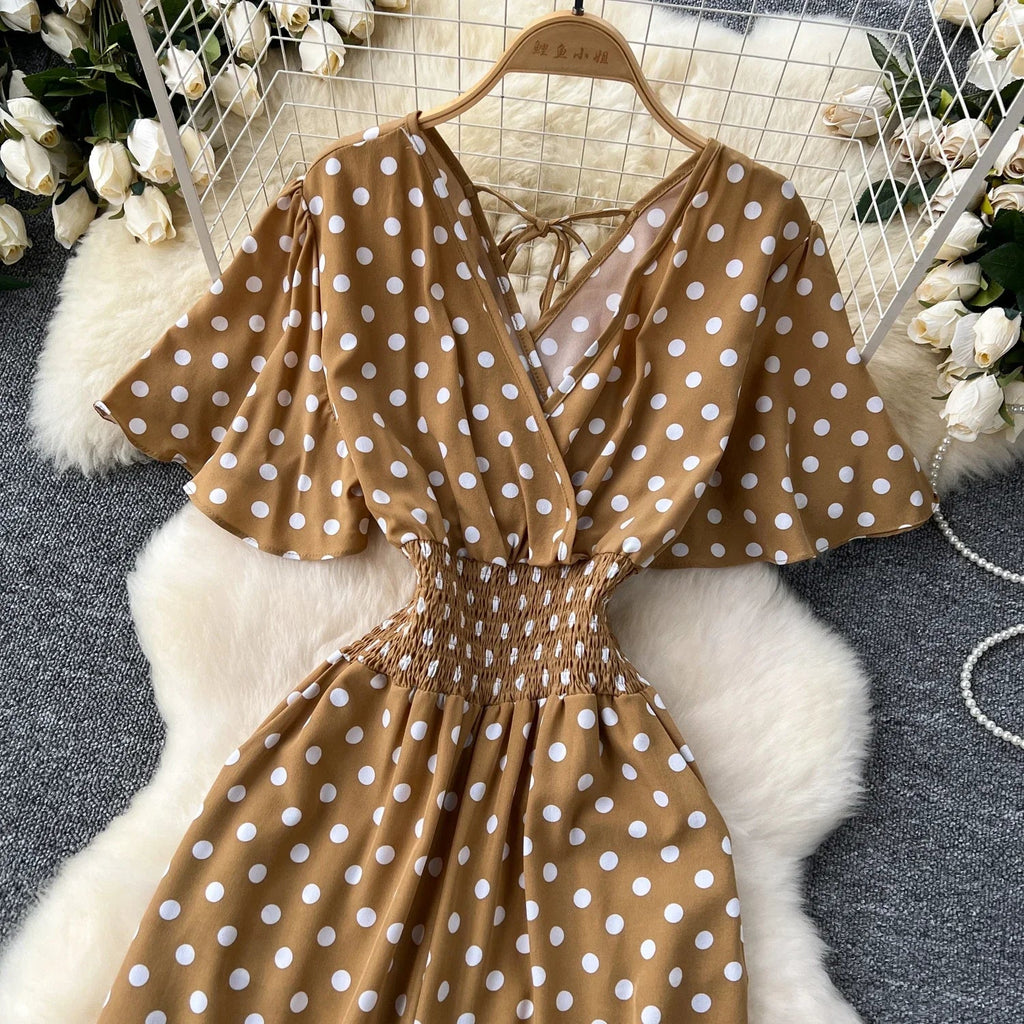 Elegant Polka Dot Romper for Women V-Neck Short Sleeve High Waist Wide Leg Jumpsuit Loose Fit Summer Playsuit