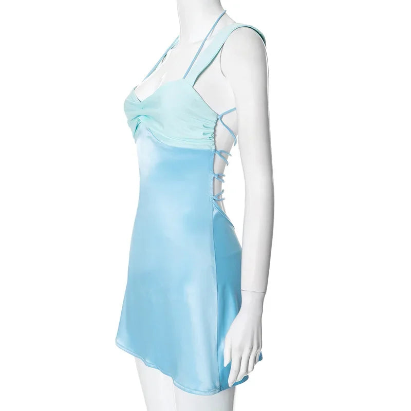 Y2K Style Backless Halter Summer Dress Lace Up Mini Dress