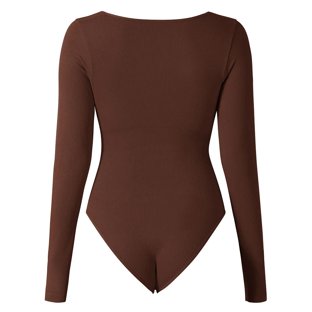 Sexy Long Sleeve Bodysuit for Women Skinny Bodycon V-Neck Push Up Romper Streetwear Jumpsuit