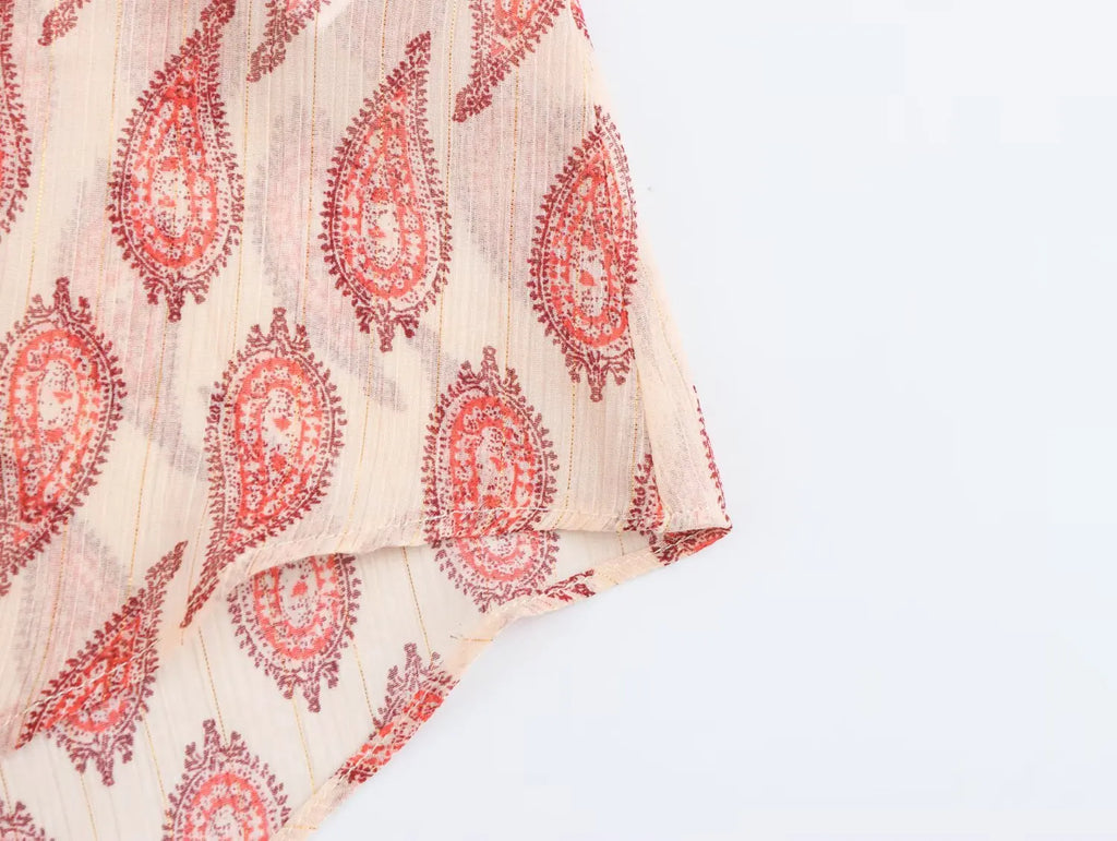 Womens Printed Shirt with Metallic Thread Ruffle Collar Drawstring Long Sleeve Single Breasted Chic Top