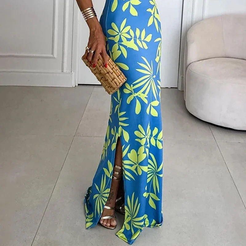 Sleeveless Halter Neck Backless Beach Maxi Dress With Slit